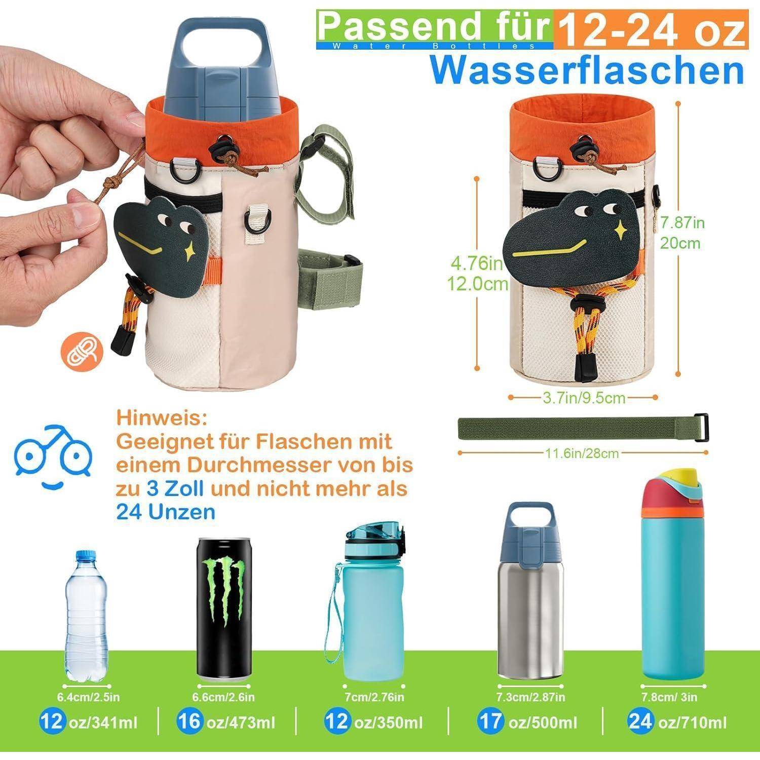 Halterung für Wasserflasche mit Größenleitfaden für 12-24 oz Flaschen, Abmessungen und Beispiele für passende Flaschen.