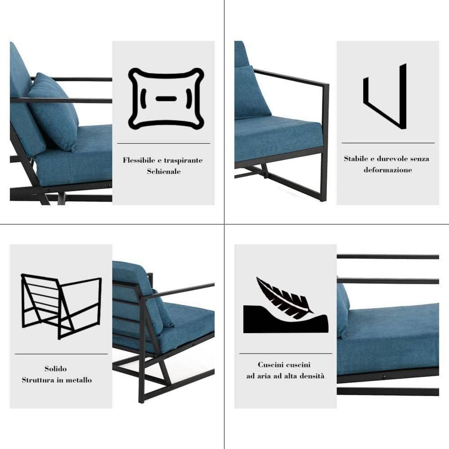 2er Set Sessel Blau Leinen Eisengestell 60x72x72cm