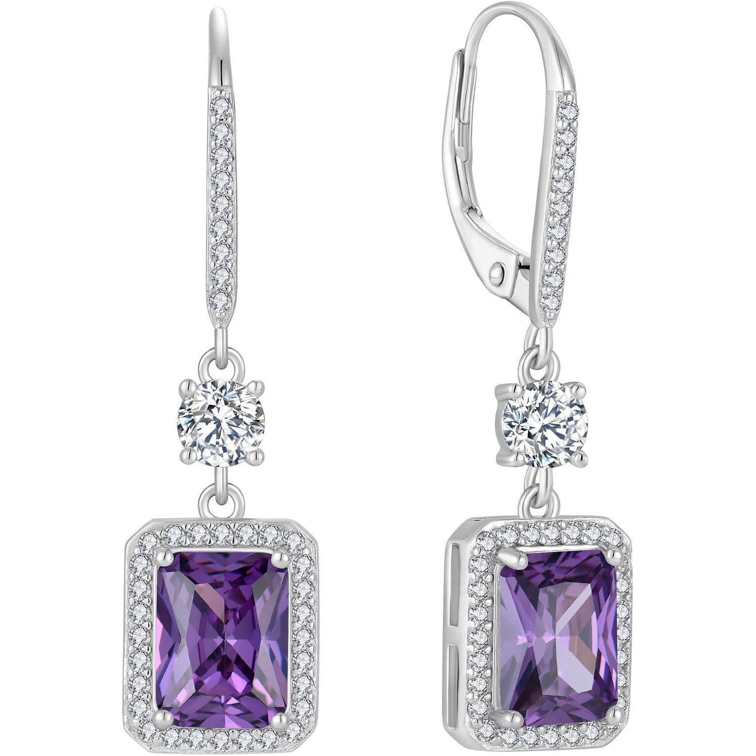 Prinzessschliff Hängend Ohrringe 925 Silber Halo Geburtsstein Februar