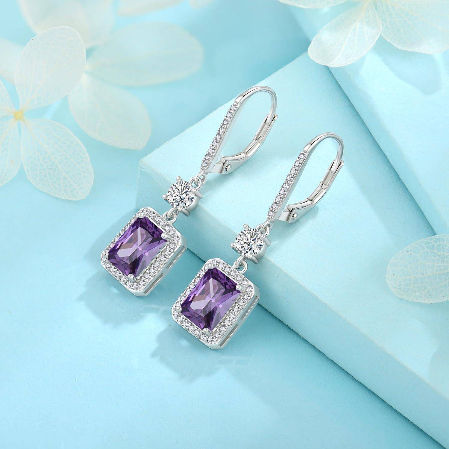 Prinzessschliff Hängend Ohrringe 925 Silber Halo Geburtsstein Februar