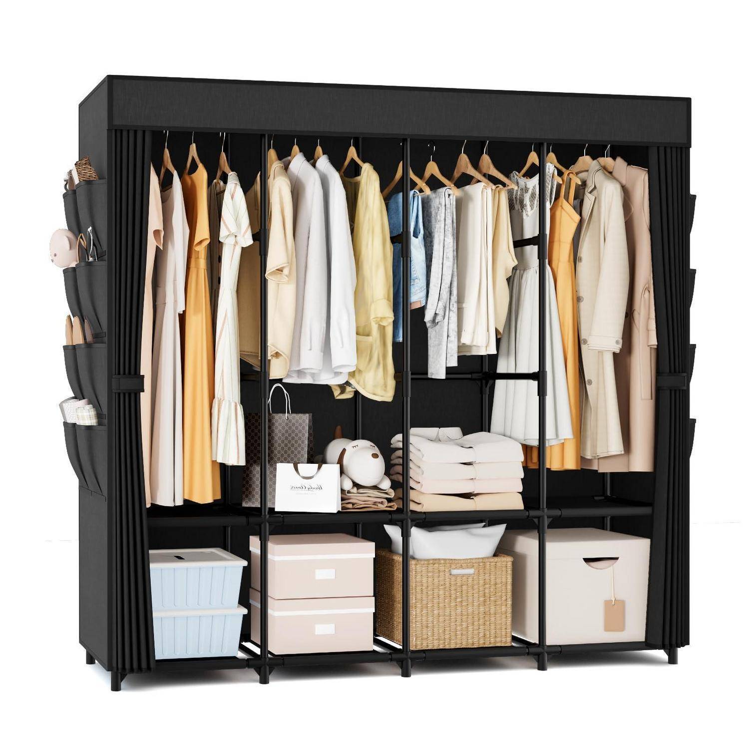 Stoffkleiderschrank Vicye 170x45x167cm Schwarz mit 4 Kleiderstangen