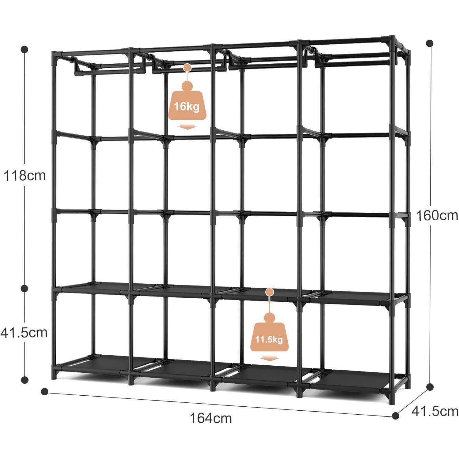 Stoffkleiderschrank Vicye 170x45x167cm Schwarz mit 4 Kleiderstangen