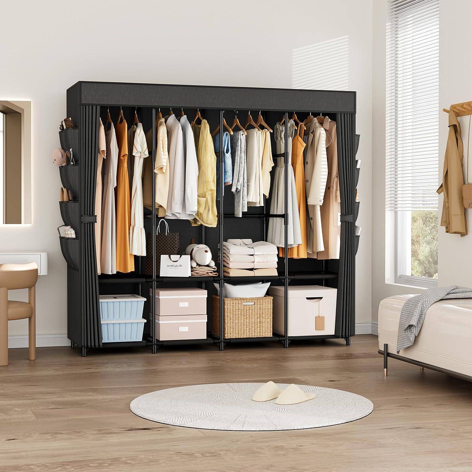 Stoffkleiderschrank Vicye 170x45x167cm Schwarz mit 4 Kleiderstangen