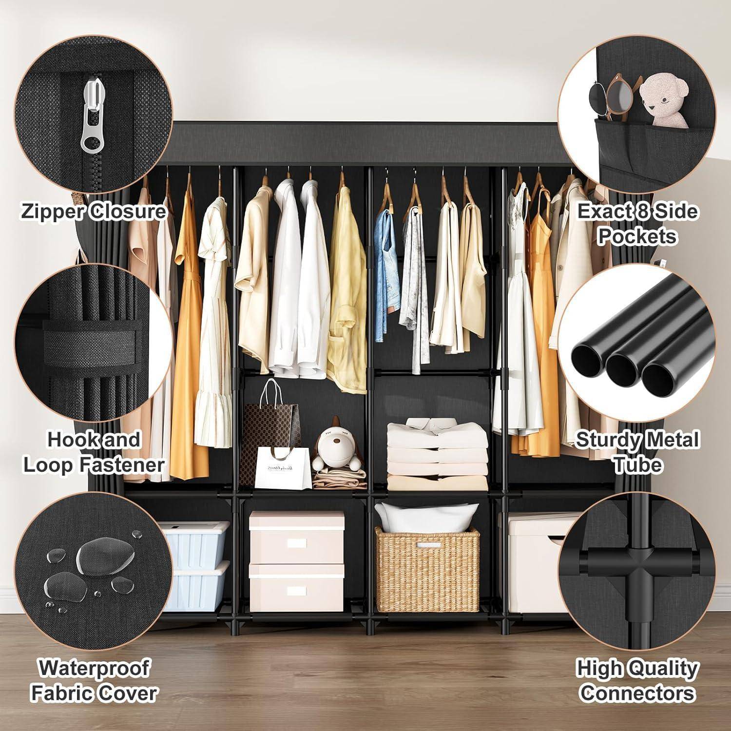 Stoffkleiderschrank Vicye 170x45x167cm Schwarz mit 4 Kleiderstangen