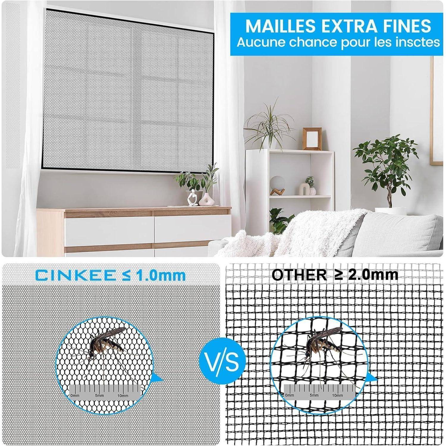Anzeige für extra-feine Insektenschutzgitter für Fenster; vergleicht CINKEE-Gitter ≤1,0 mm mit anderen Gittern ≥2,0 mm und betont einen besseren Insektenschutz.