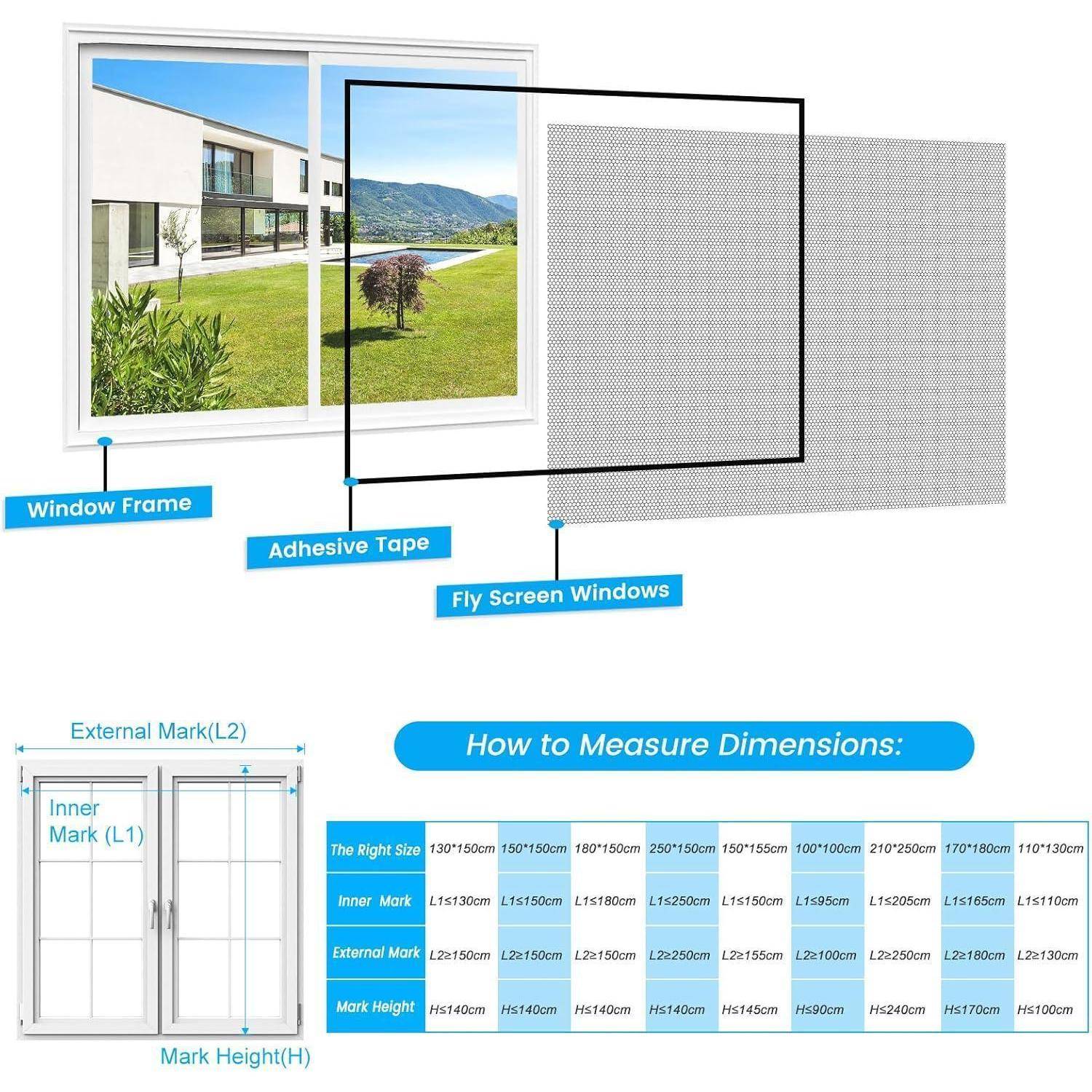 Diagramm zur Messung von Fliegengitter-Fenstergröße mit Beschriftungen für Fensterrahmen, Klebeband, externe Markierung und interne Markierung, sowie ein Größentabelle für verschiedene Fenstergrößen.