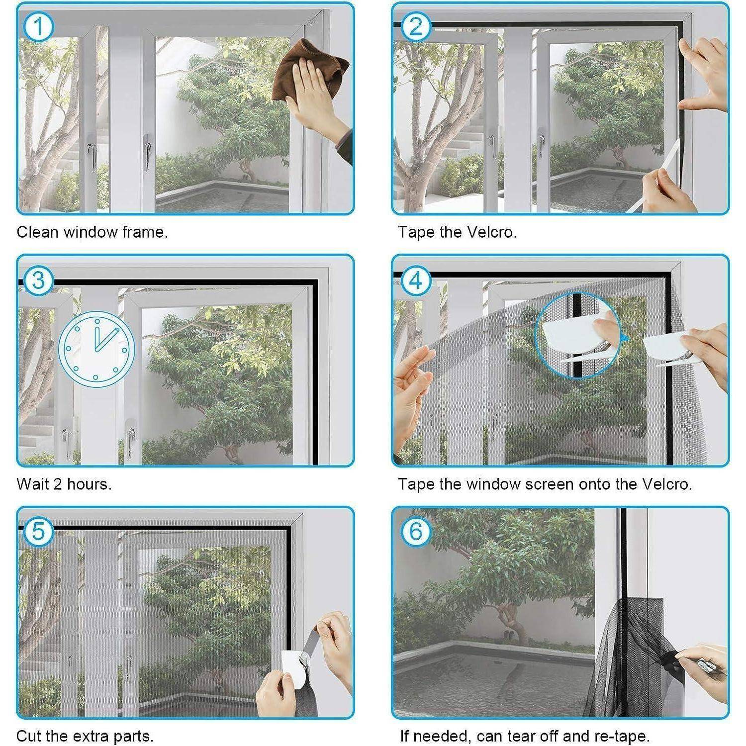 Sechsstufige Anleitung zur Installation eines Fensternetzes: Rahmen reinigen, Klettband anbringen, 2 Stunden warten, Netz befestigen, Überschuss kürzen und bei Bedarf erneut abkleben.