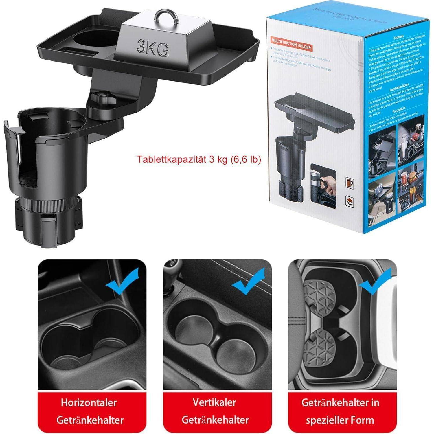 Getränkehalter Auto Tisch 5in1 mit 25cm abnehmbarem Tablett und Handyhalterung