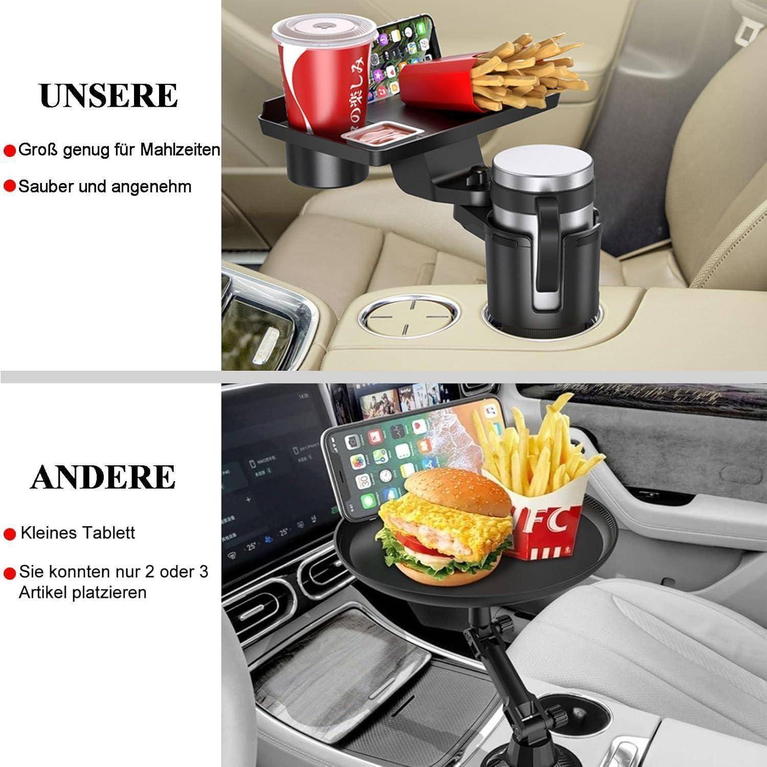 Getränkehalter Auto Tisch 5in1 mit 25cm abnehmbarem Tablett und Handyhalterung