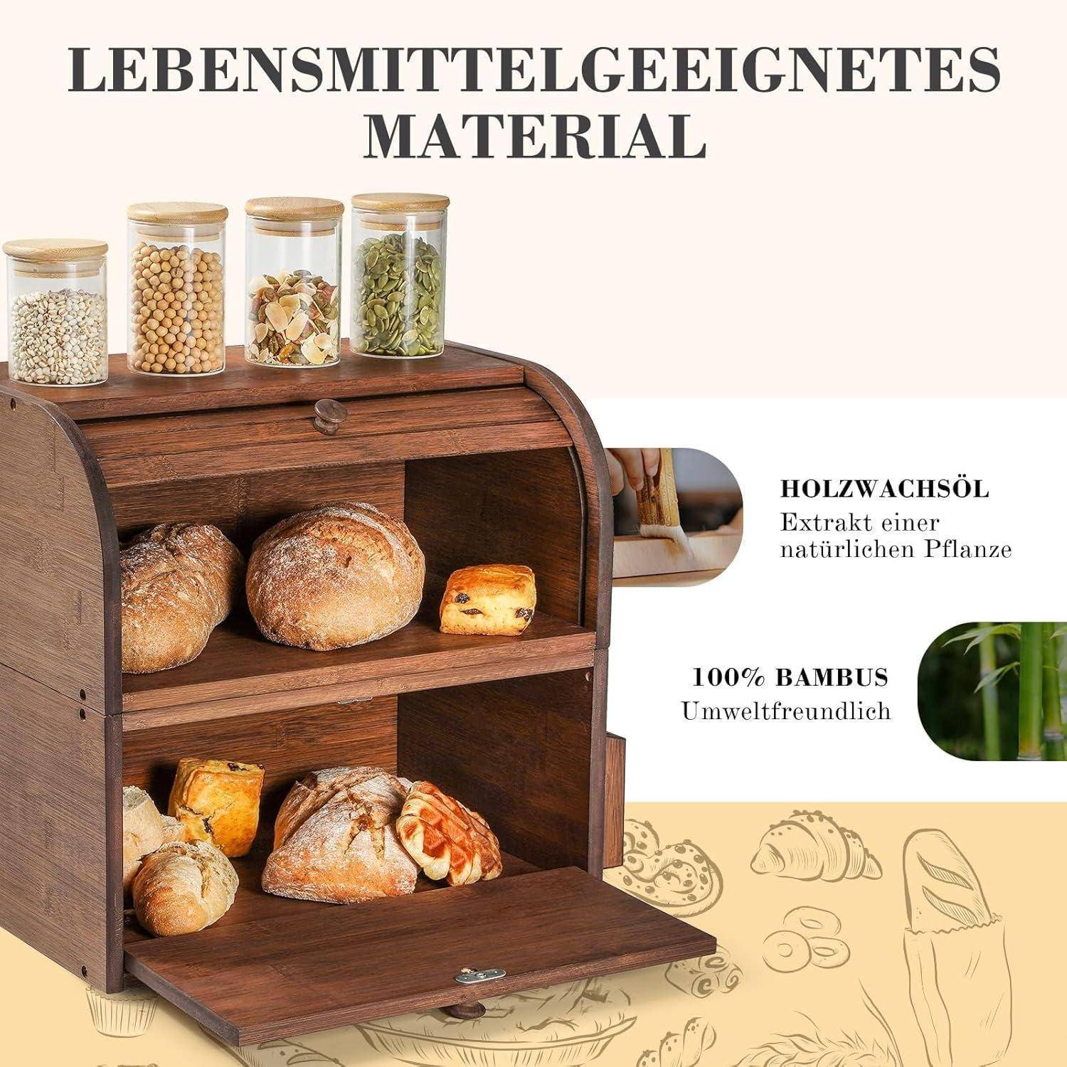 Brotkasten Bambus Doppellagig Retro Groß Stapelbar Rolldeckel