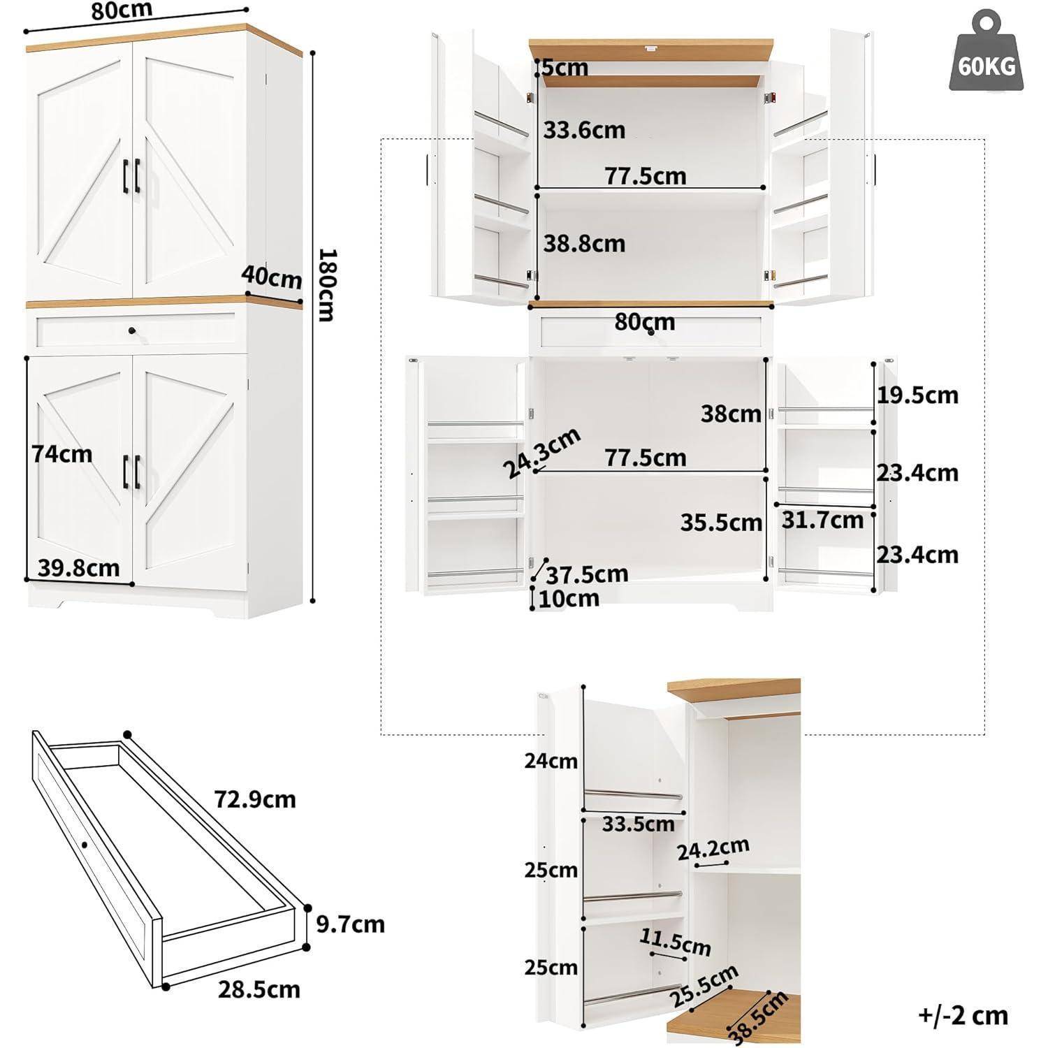 Küchenschrank 80x40x180cm MDF/Spanplatte mit 12 Fächern