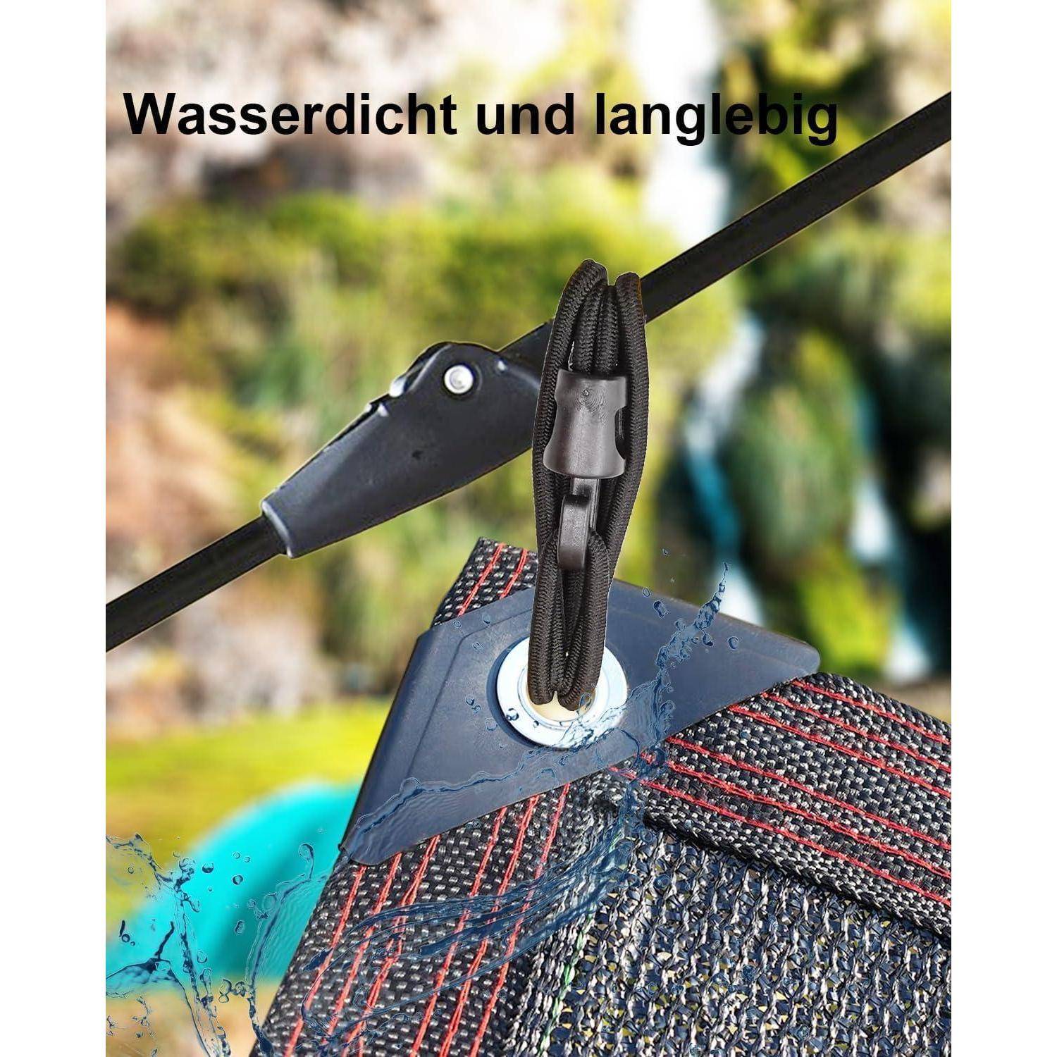Wasserdichte Kabelanbringung an einer dunklen Tasche mit deutschem Text „Wasserdicht und langlebig