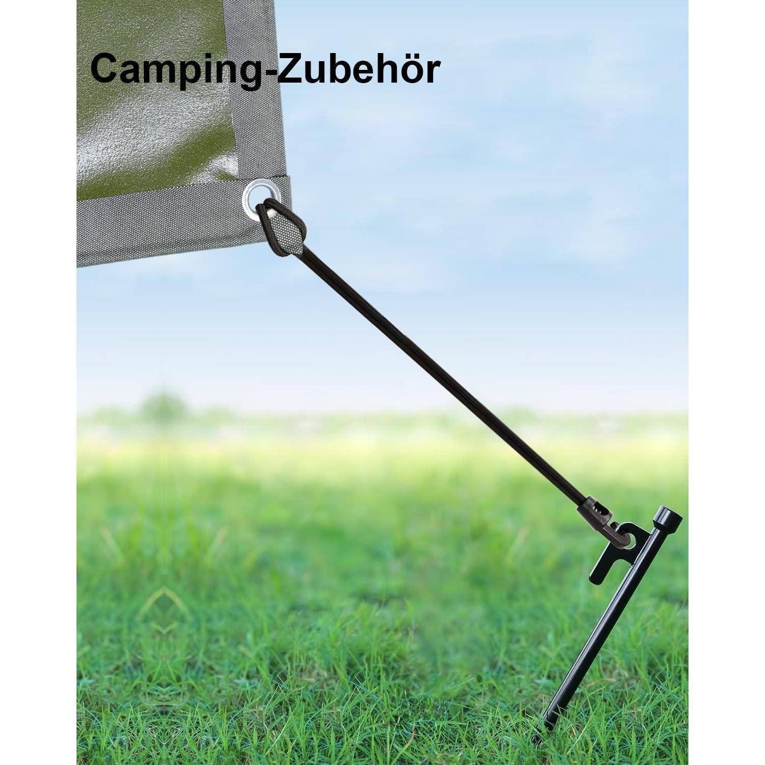 Camping-Zubehör mit einer schwarzen Abspannung und einem Heringe zur Sicherung eines Zelts oder einer Plane; der Text lautet „Camping-Zubehör