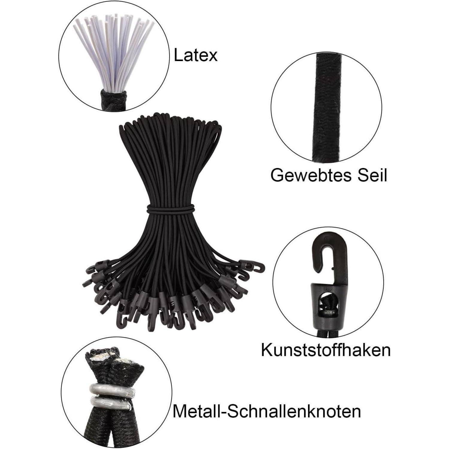 Elastisches schwarzes Kordelbündel mit Kunststoffhaken, in Nahaufnahme gezeigt mit gekennzeichneten Details aus Latexkern, gewebtem Seil, Metallknoten und Kunststoffhaken.
