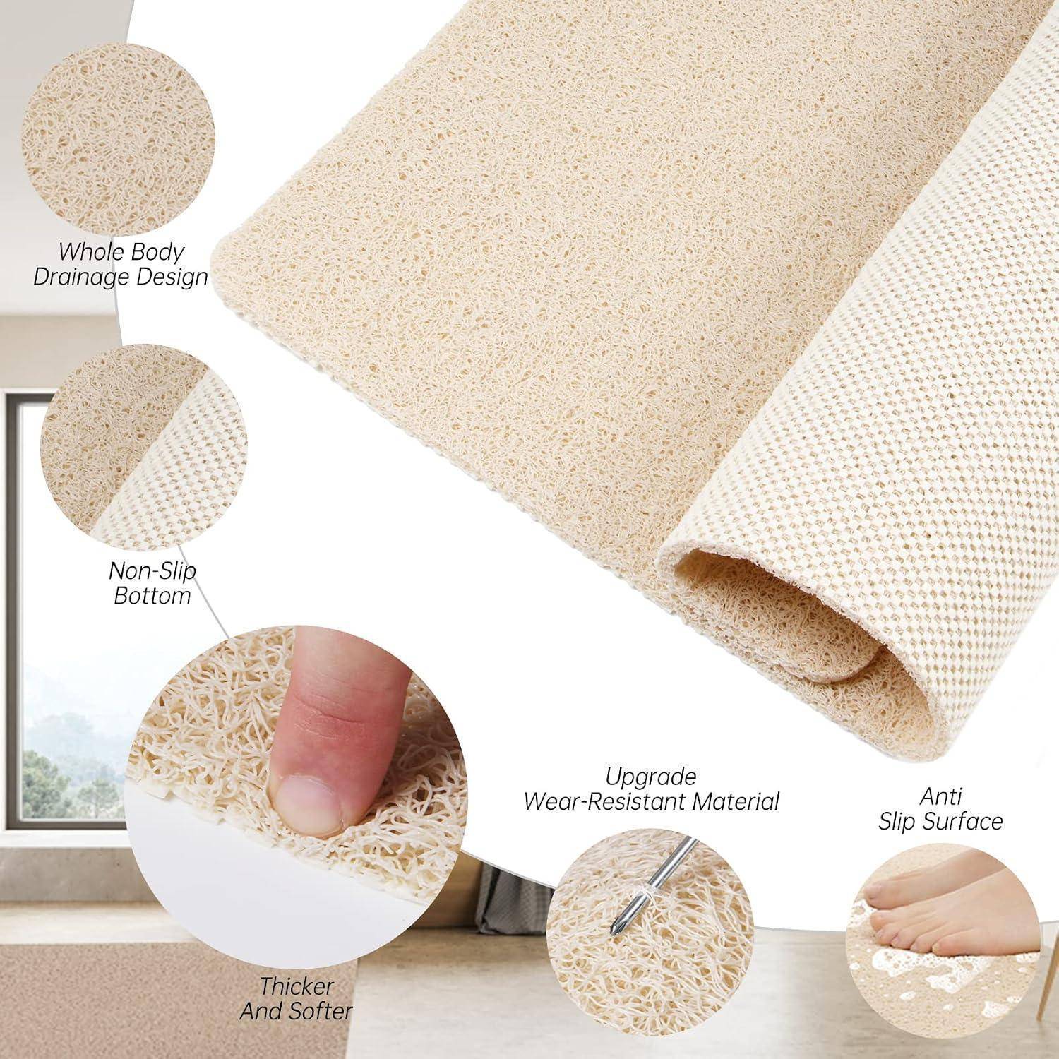 Werbebild einer beigen rutschfesten Badmatte mit Beschriftungen, die das Drainage-Design für den ganzen Körper, den rutschfesten Boden, das verschleißfeste Material, die dickere weichere Textur und die rutschfeste Oberfläche hervorheben.