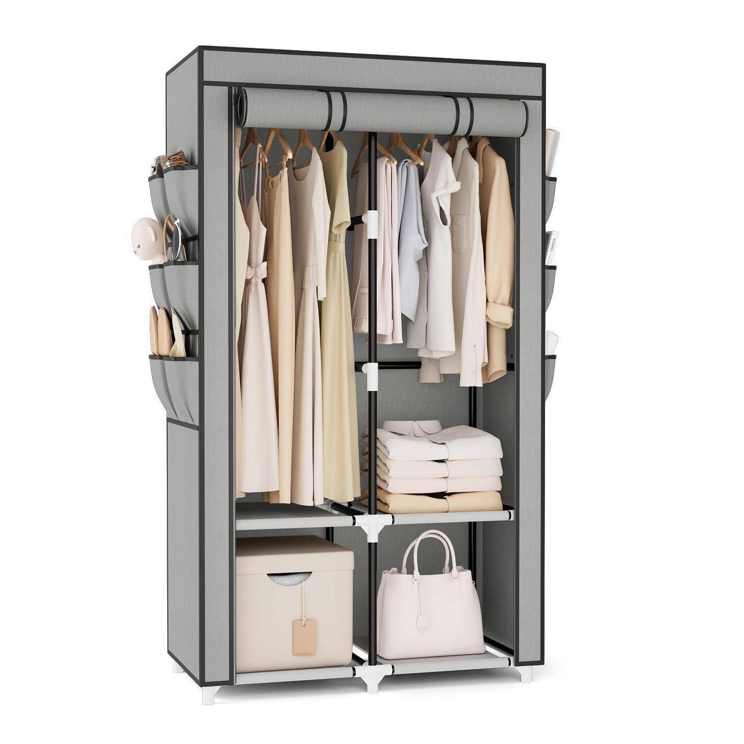 Stoffschrank mit 2 Kleiderstangen, 4 Ablagen, 6 Taschen, Grau