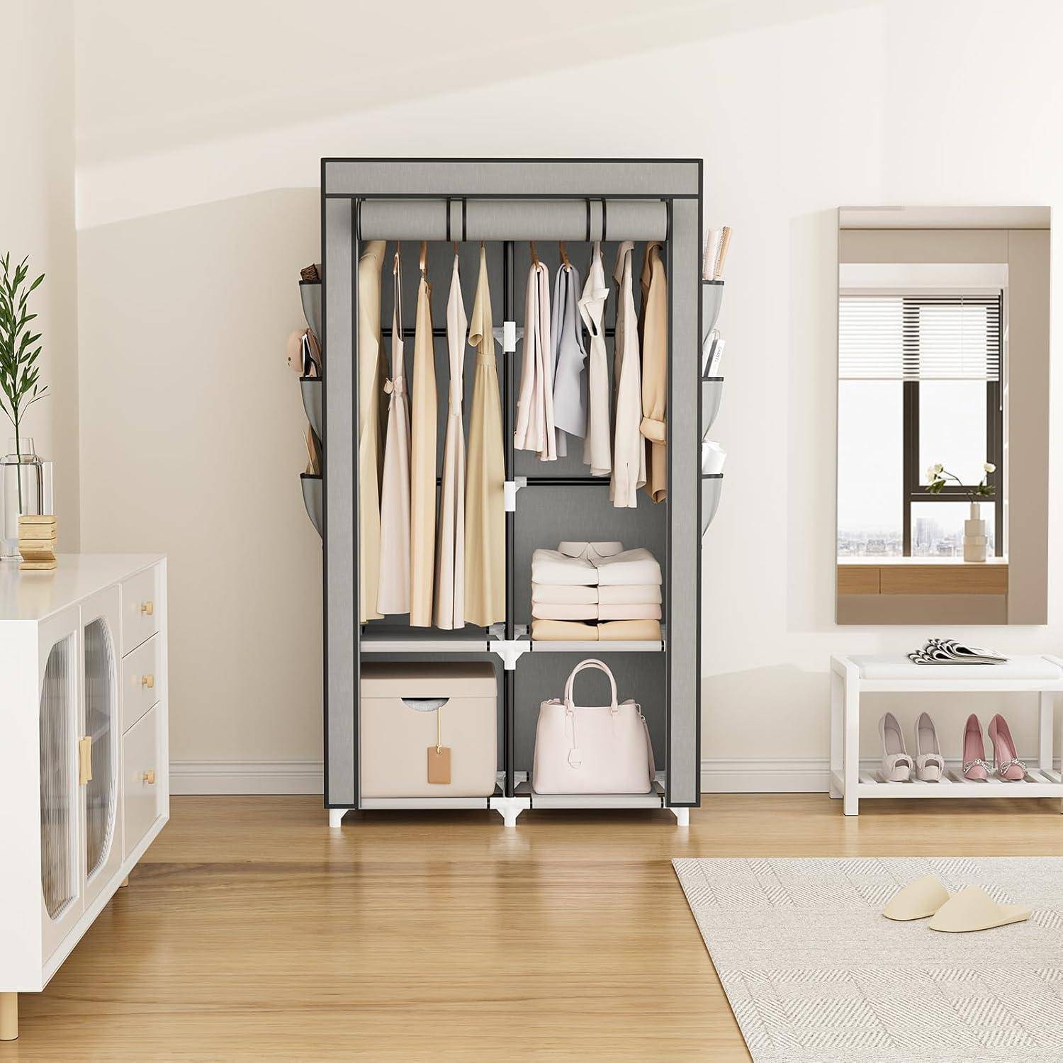 Stoffschrank mit 2 Kleiderstangen, 4 Ablagen, 6 Taschen, Grau