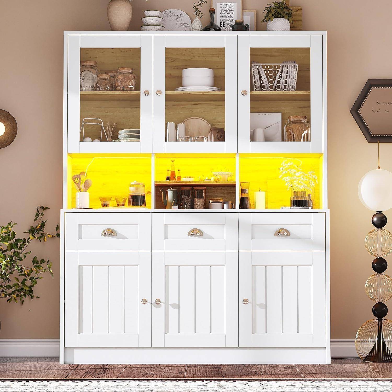 Küchenschrank Hochschrank mit LED & Glastür Weiß 140x40x175cm