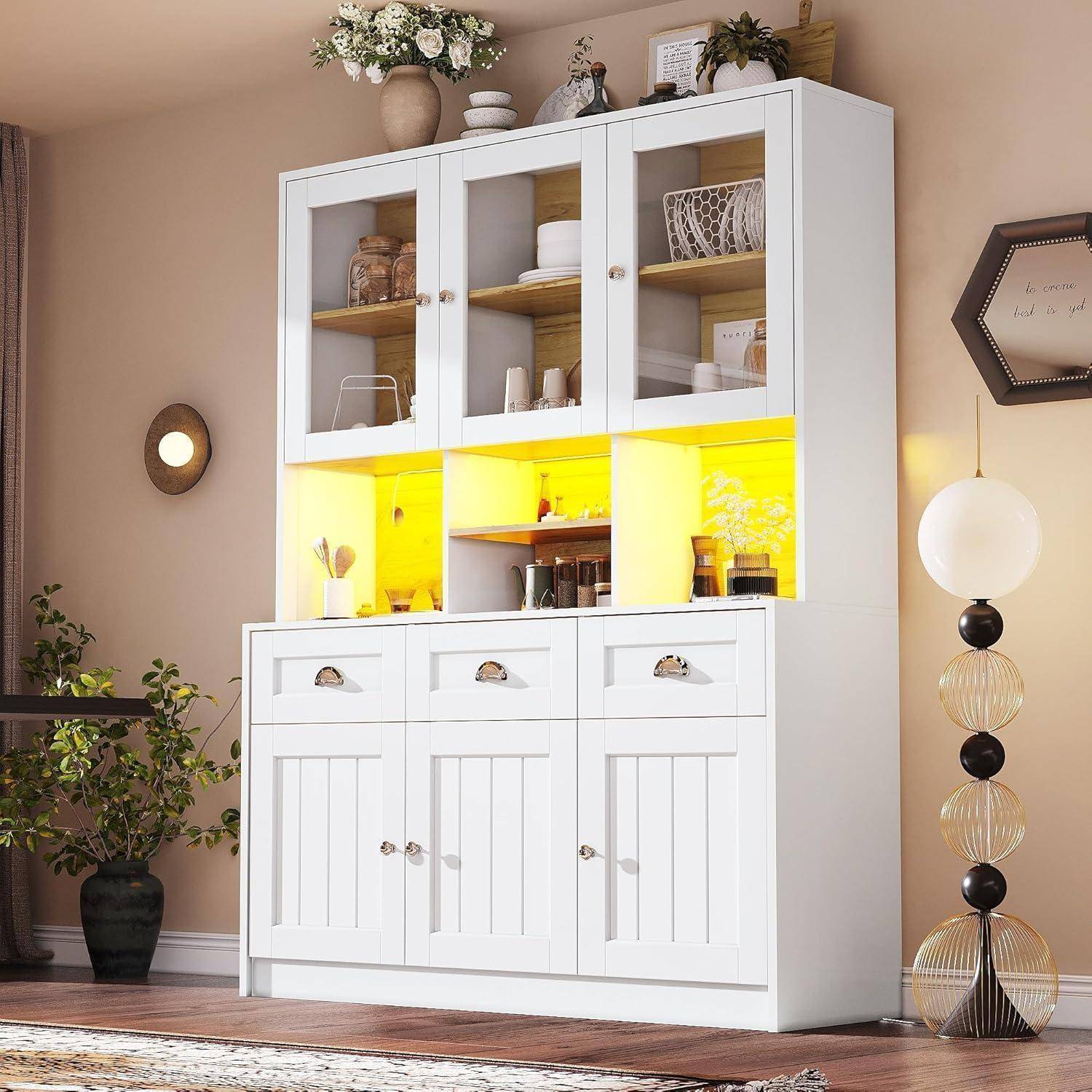 Küchenschrank Hochschrank mit LED & Glastür Weiß 140x40x175cm