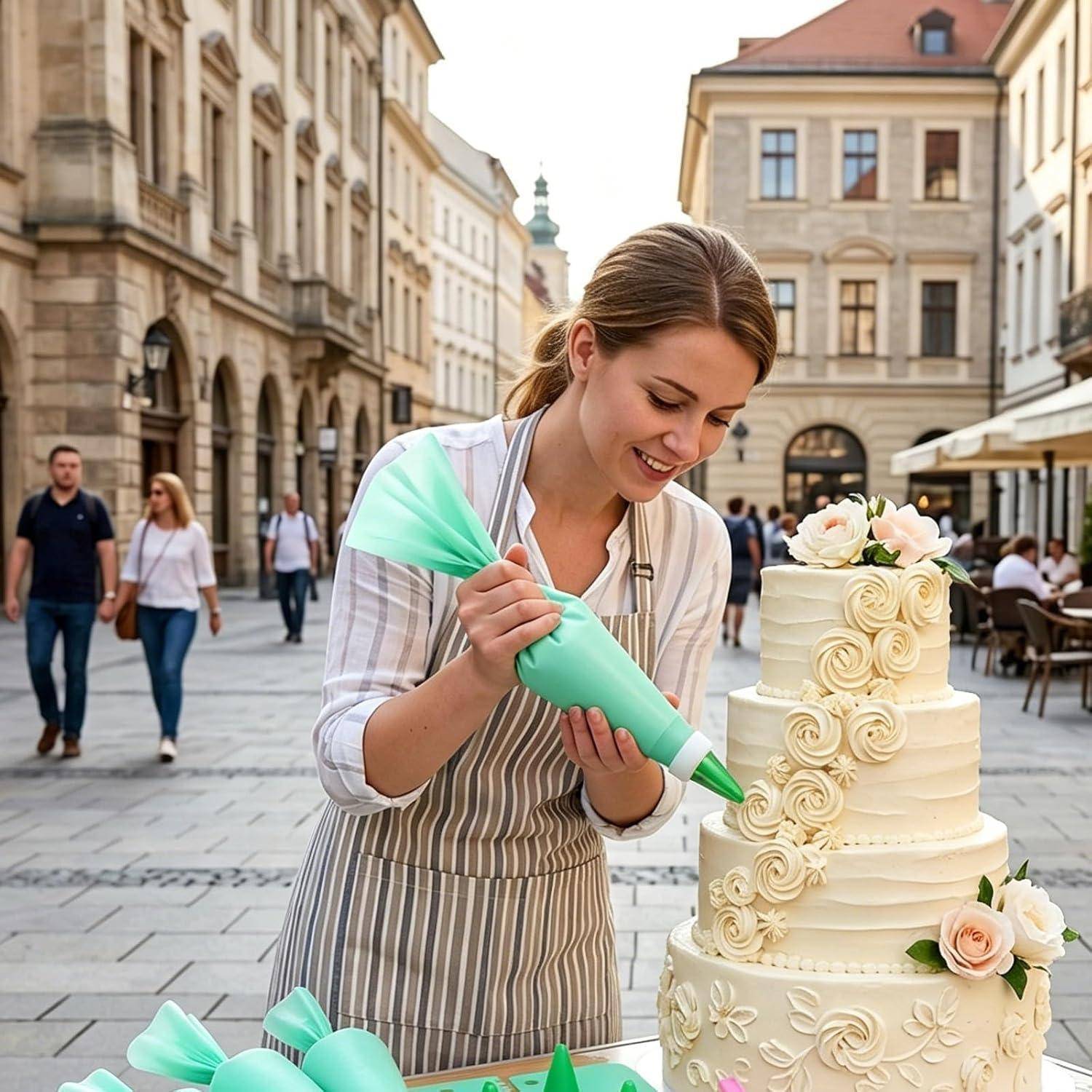 Frau in einer Schürze, die Glasur mit einem Spritzbeutel auf eine mehrstöckige Hochzeitstorte im Freien auf einem europäischen Stadtplatz aufträgt.