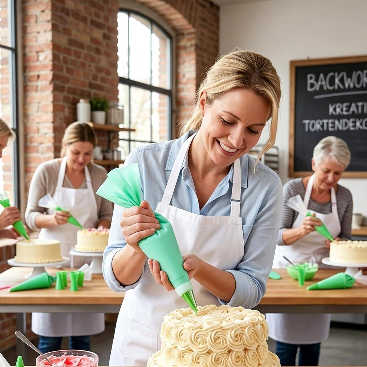 Frauen in Schürzen dekorieren mehrschichtige Kuchen mit grünen Spritzbeuteln in einer Backklasse, während eine lächelnde Ausbilderin im Vordergrund zu sehen ist.