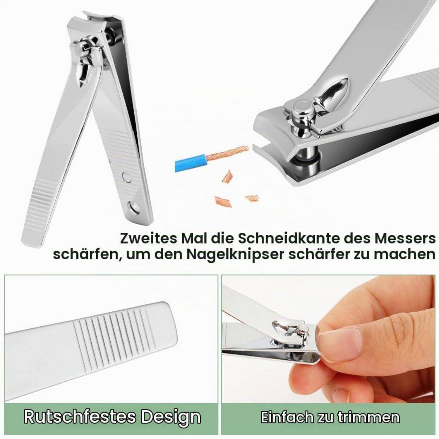 Deutsch-Produktgrafik zeigt eine Nagelschere, die ihre Klinge mit einer Feile schärft, mit Beschriftungen für „Rutschfestes Design