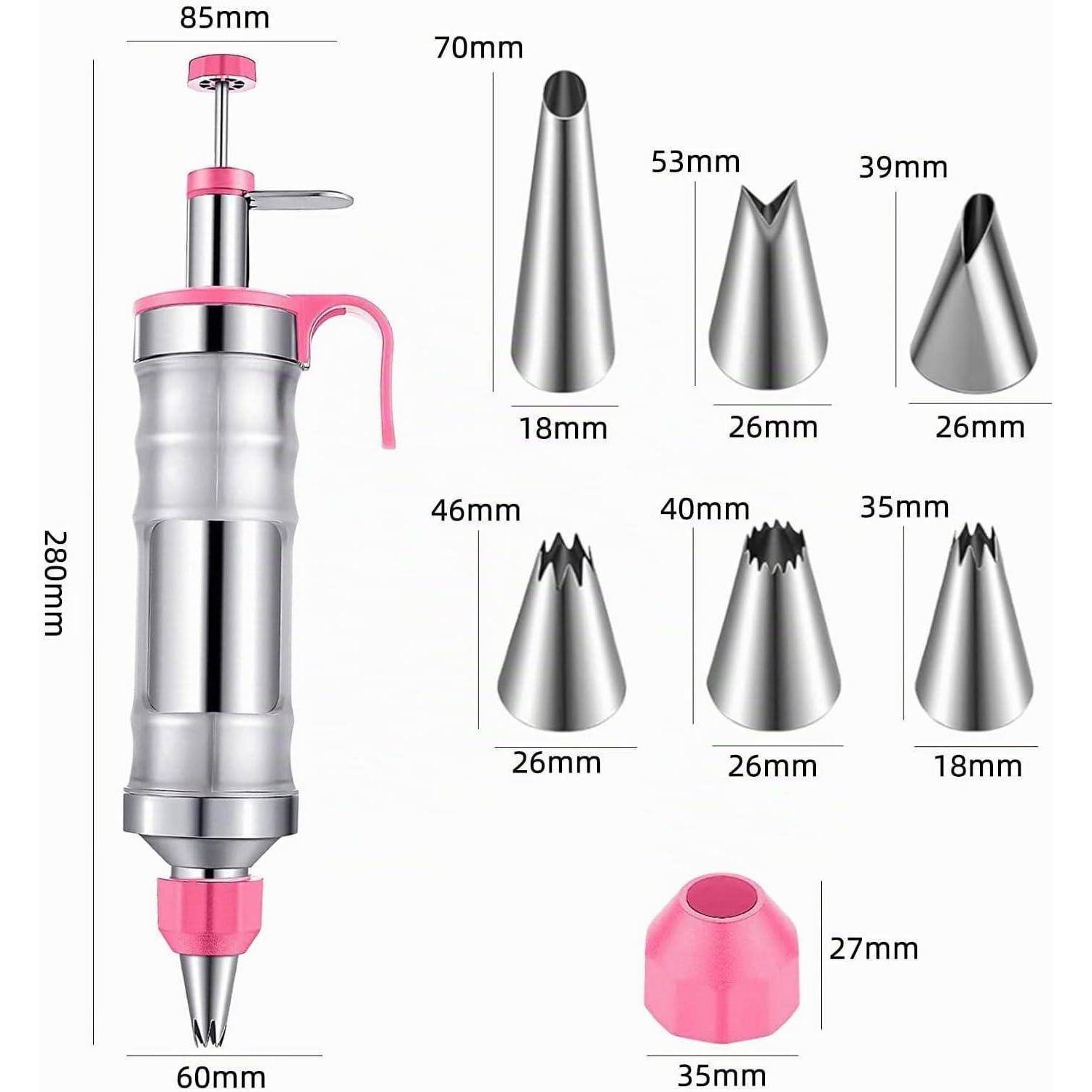 Bild einer rosa und silbernen Gebäckspritze mit mehreren austauschbaren Dekorationsdüsen, beschriftet mit Abmessungen in Millimetern.
