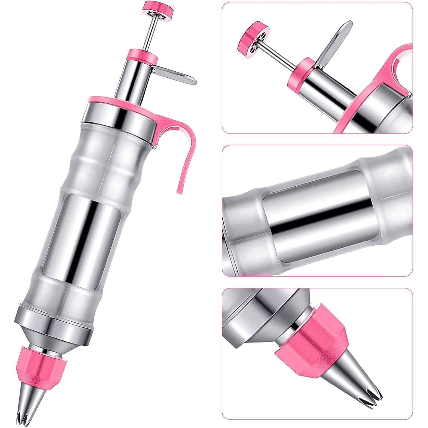 Eine Spritzgebäckform aus Metall und Rosa mit austauschbaren Düsen, gezeigt in Nahaufnahmen und Detailansichten des Stempels und der Spitze.