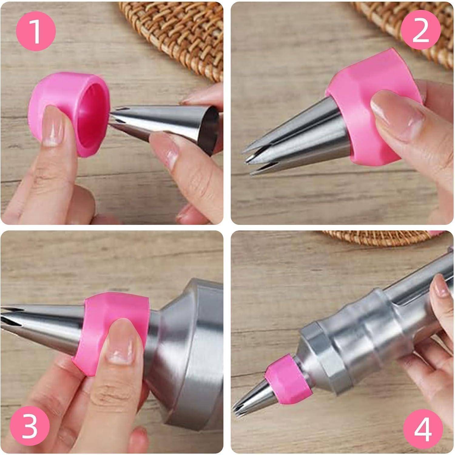 Vierstufiges Bild, das zeigt, wie eine rosa Silikonhülle auf eine Metallrohr-Spitze oder Kegeldüse aufgezogen wird, um diese während des Gebrauchs zu sichern und zu isolieren.