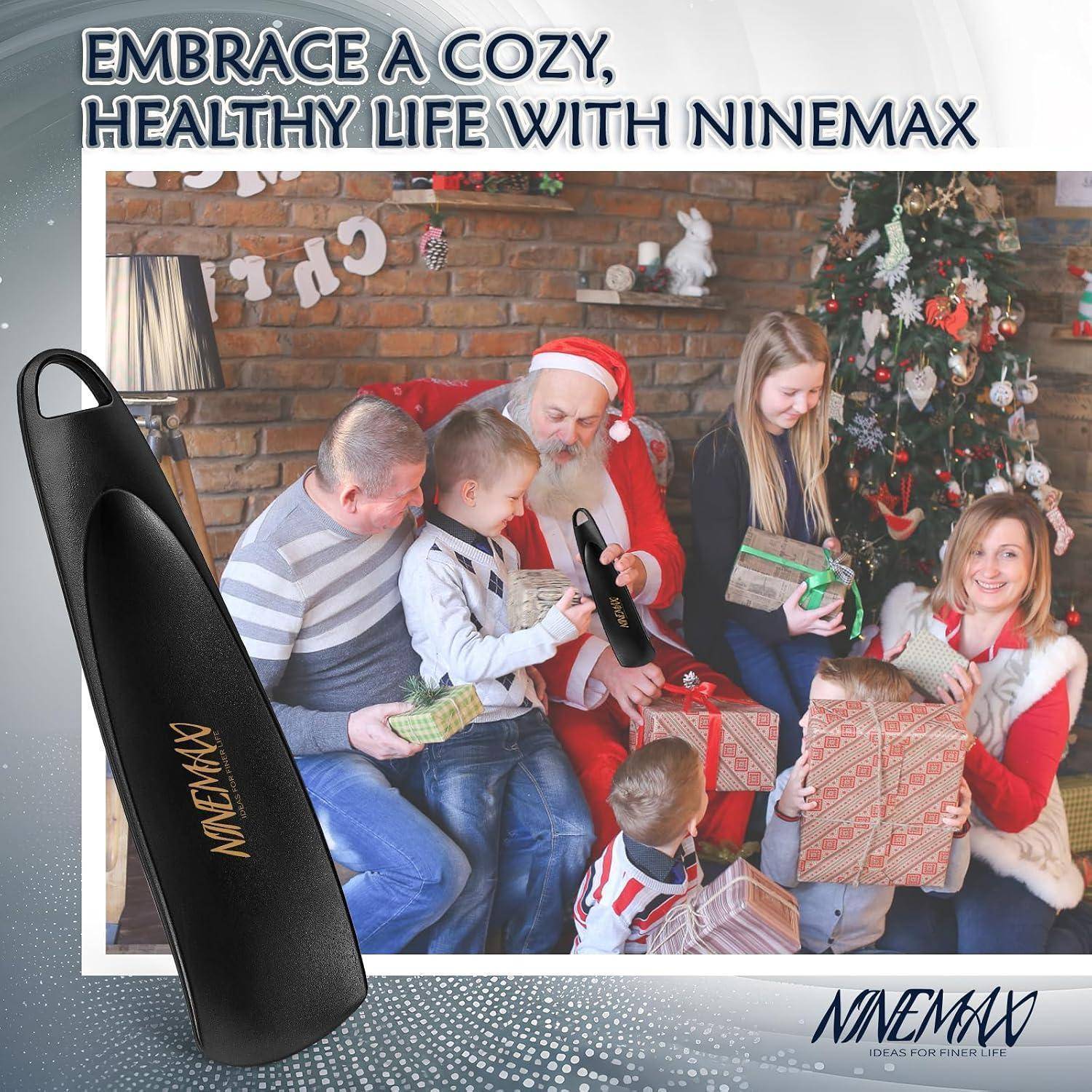 Werbebild für NINEMAX mit einem schwarzen Vape-Gerät und einer familiären Weihnachtsgeschenkaustauschaktion mit dem Weihnachtsmann, zusammen mit dem Text „UMARMEN SIE EIN GEMÜTLICHES, GESUNDES LEBEN MIT NINEMAX