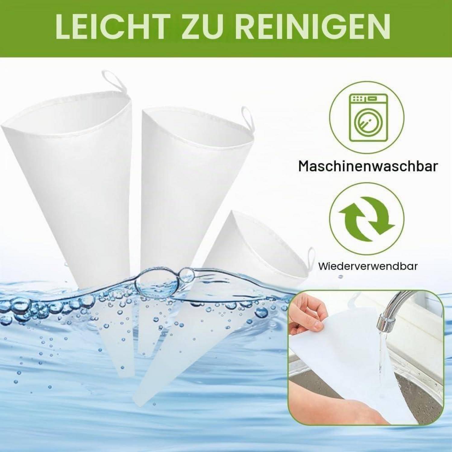 Grafik zeigt weiße wiederverwendbare Filterkegel im Wasser mit dem Text „LEICHT ZU REINIGEN