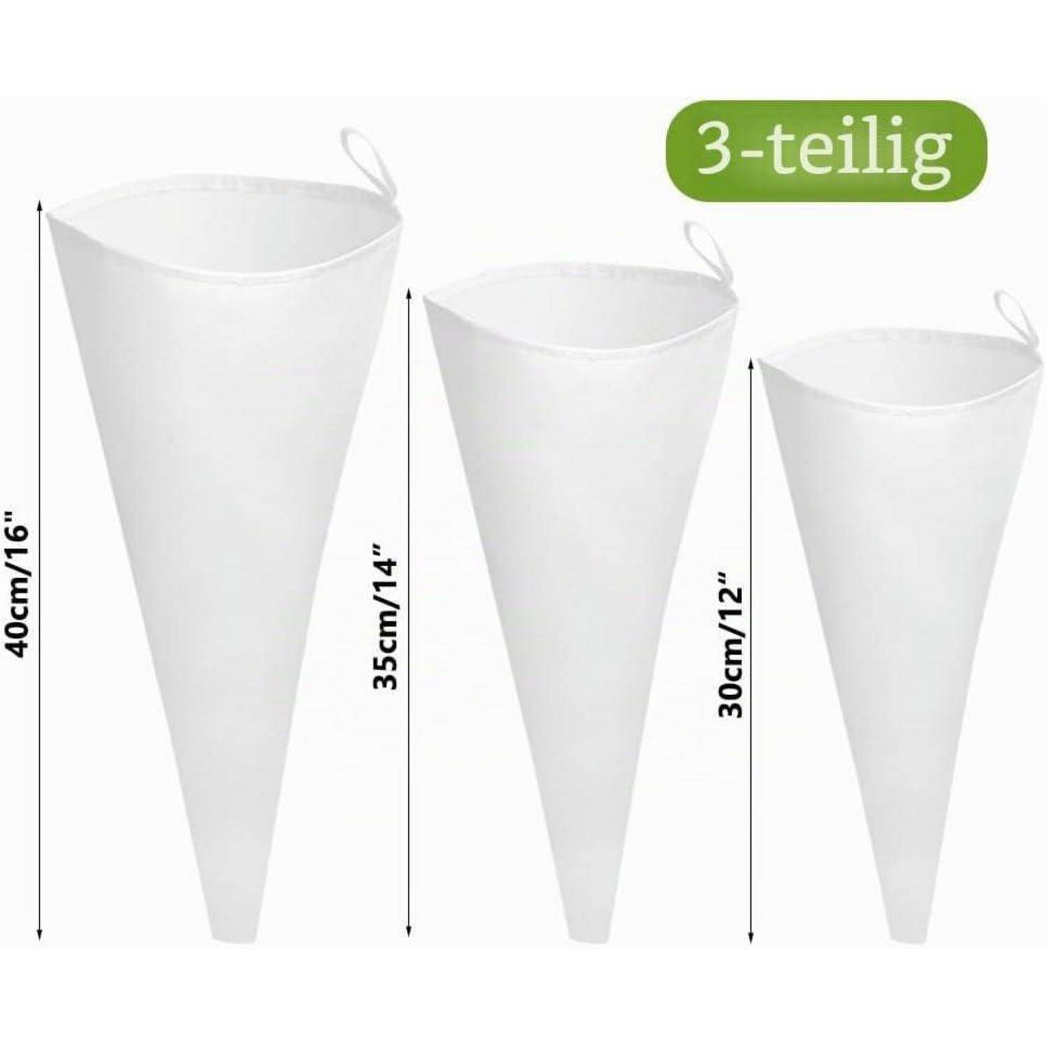 Satz aus drei weißen kegel förmigen Hängepflanzern in den Größen 40 cm, 35 cm und 30 cm, gekennzeichnet mit '3-teilig'.