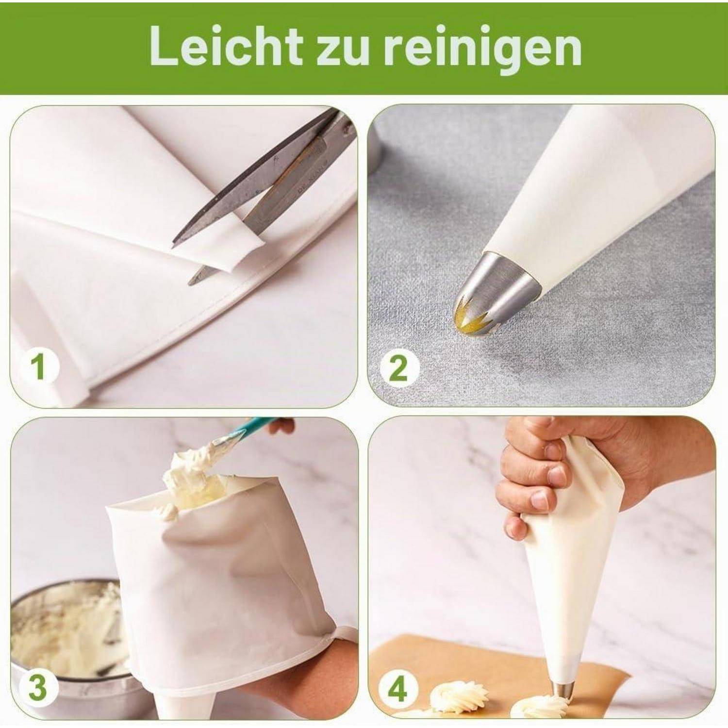 Vierschrittiges Tutorial zum Zuschneiden einer wiederverwendbaren Spritzbeutel, zum Einsetzen einer Tülle, zum Füllen mit Frosting und zum Spritzen von Creme.