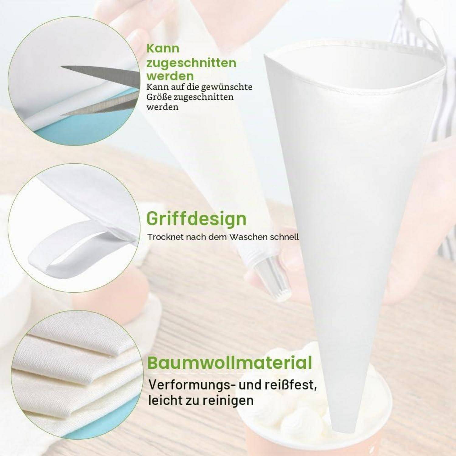 Infografik eines weißen kegelförmigen Filtersleeves mit drei Beschriftungen in Deutsch: 'Kann zugeschnitten werden' für individuelles Zuschneiden, 'Griffdesign' für schnelles Trocknen und 'Baumwollmaterial' für langlebiges, leicht zu reinigendes Baumwollmaterial.