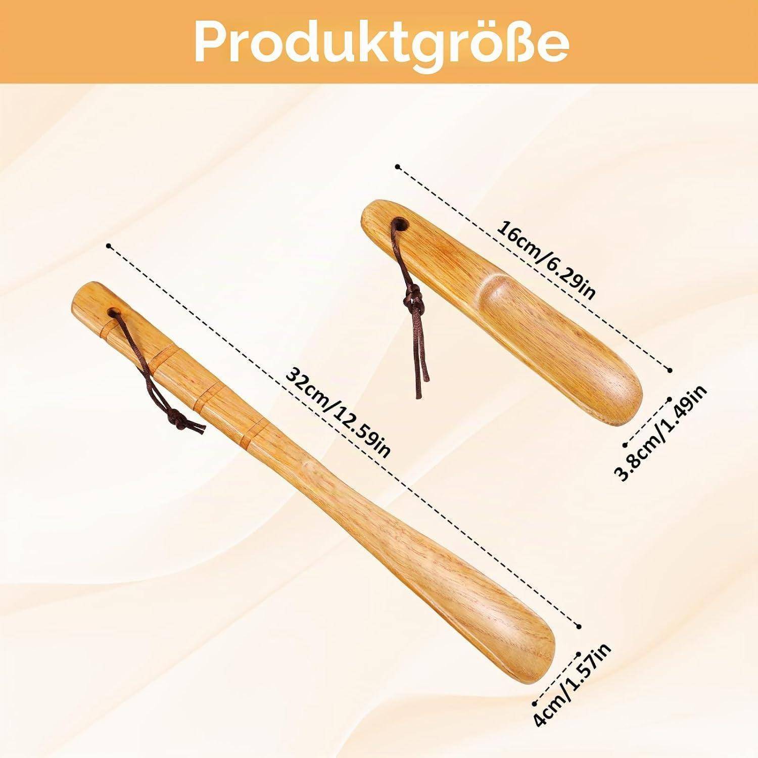 Produktgrößendiagramm mit zwei Holzmassagewerkzeugen: Großes 32 cm x 4 cm, Kleines 16 cm x 3,8 cm.