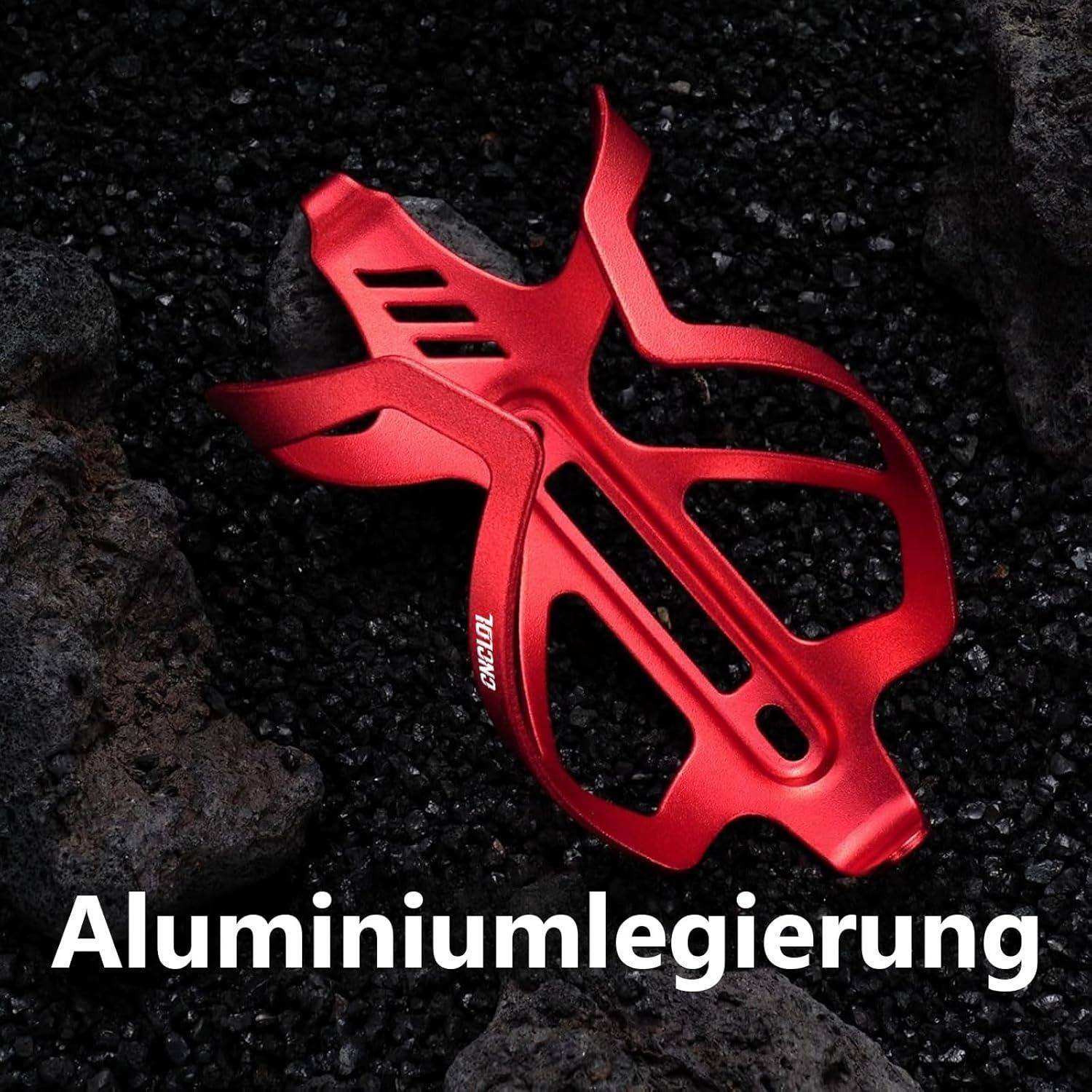 Rot eloxierter Aluminium-Flaschenhalter auf dunklem Kiesuntergrund, mit dem deutschen Wort „Aluminiumlegierung