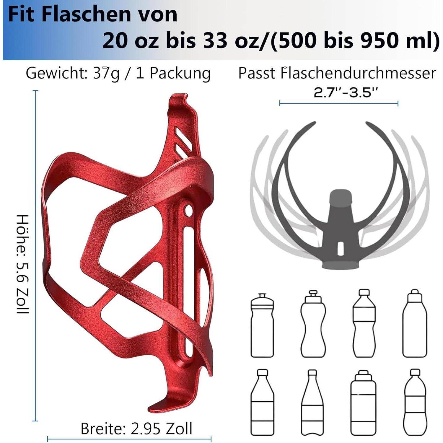 Roter Flaschenhalter passt für Flaschen mit 20–33 oz; die angegebenen Abmessungen sind 5,6