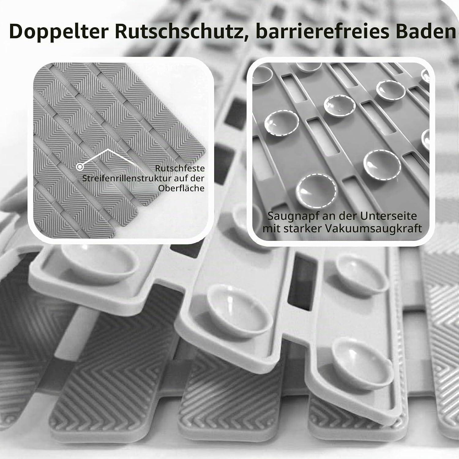 Illustration von Badematten mit doppeltem Rutschschutz und barrierefreiem Baden, das strukturierte rutschfeste Oberfläche und Saugnapfe darunter zeigt.