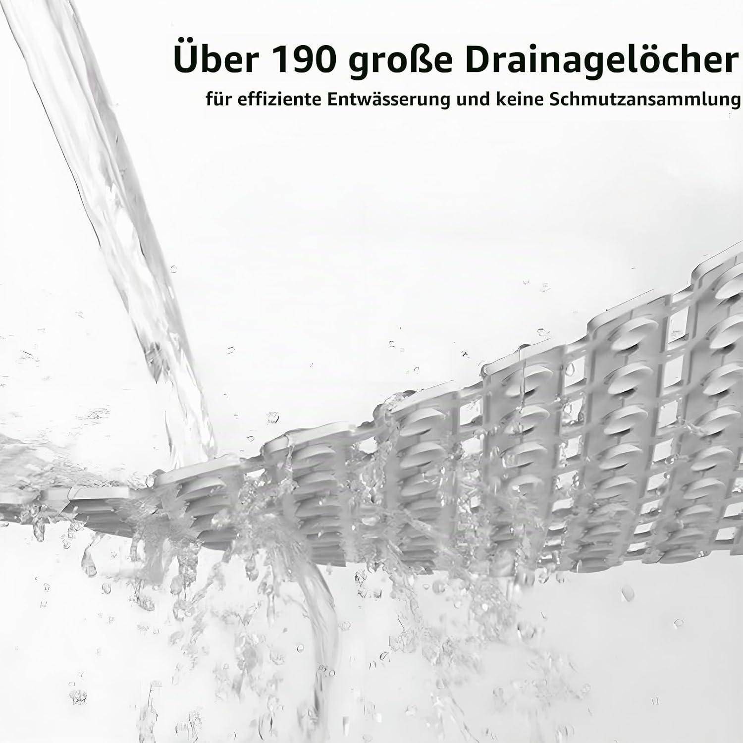 Wasser fließt durch eine perforierte Drainagematte; deutscher Text sagt 