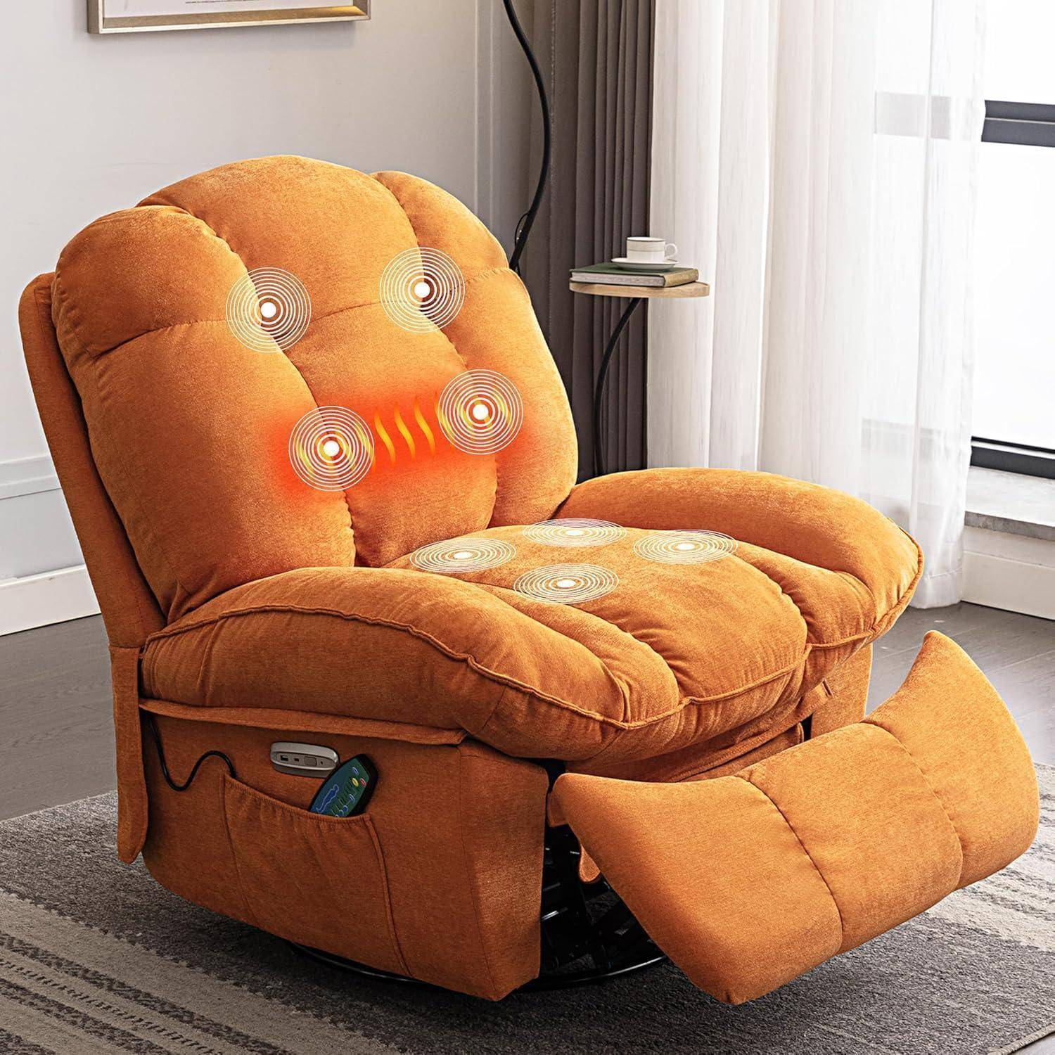 Orangefarbener gepolsterter Relaxsessel mit integrierten Massagefunktionen und ausgefahrener Fußstütze in einem hellen Wohnzimmer.