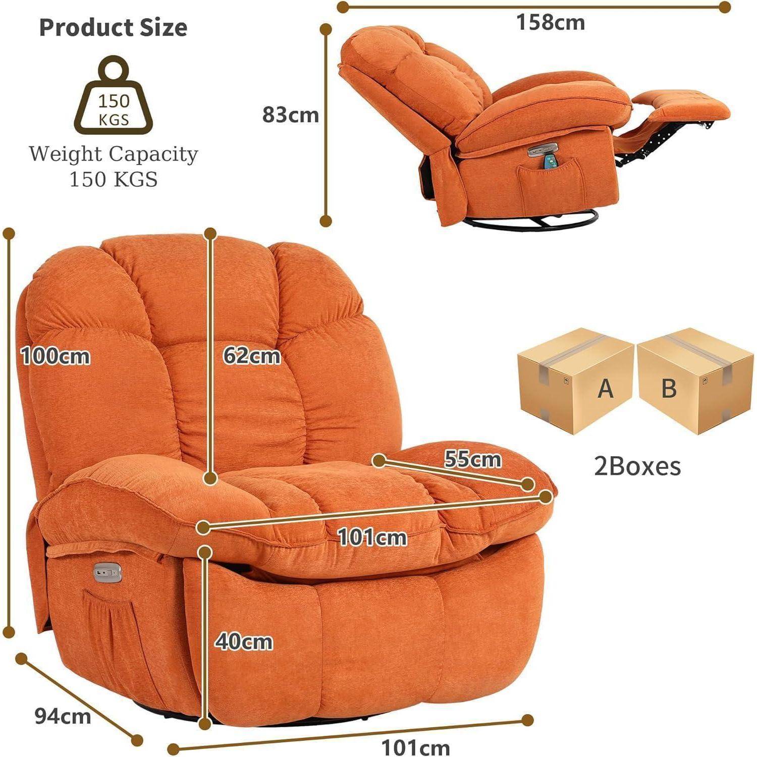 Größendiagramm eines orangefarbenen Relaxsessels mit folgenden Abmessungen: 158 cm lang, 83 cm hoch, 101 cm breit, 100 cm Rückenhöhe, 62 cm Sitzhöhe, 55 cm Armlehne, 94 cm Tiefe, 40 cm Basis, Gewichtskapazität 150 kg, verpackt in 2 Kartons.