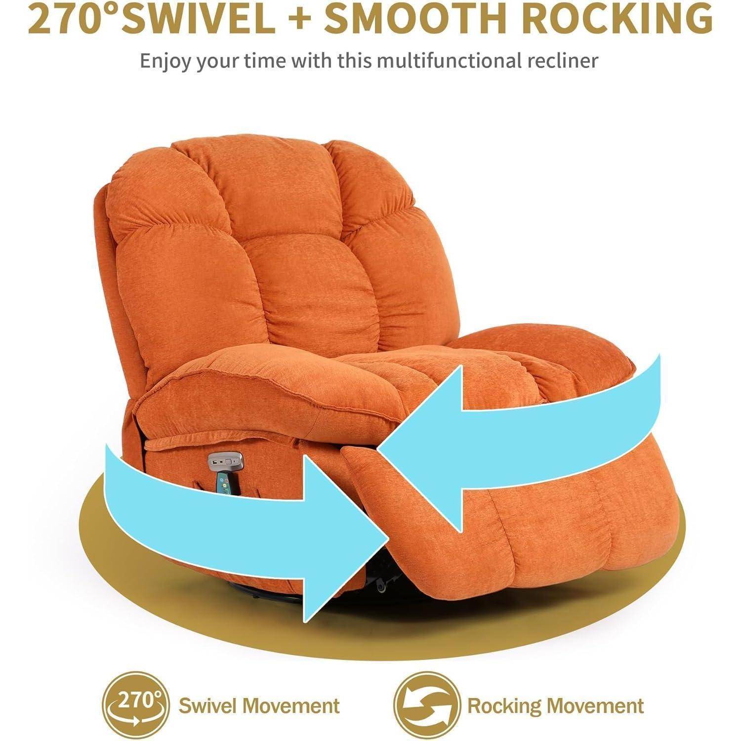 Orangefarbener Relaxsessel mit der Bezeichnung „270° SCHWENK + SANFTES WIPPEN