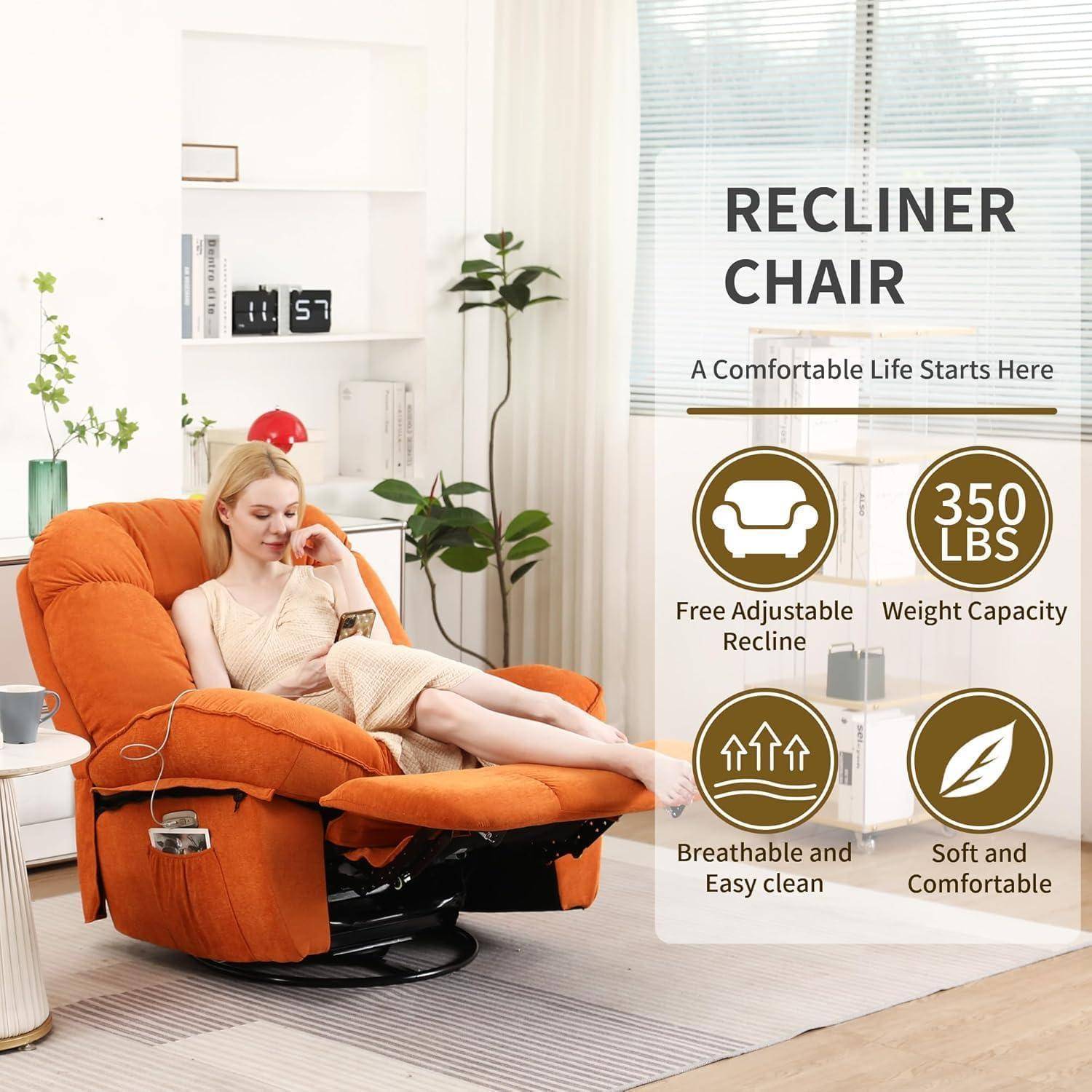 Werbebild eines orangefarbenen Relaxsessels mit einer Frau, die darin entspannt, das die Merkmale 