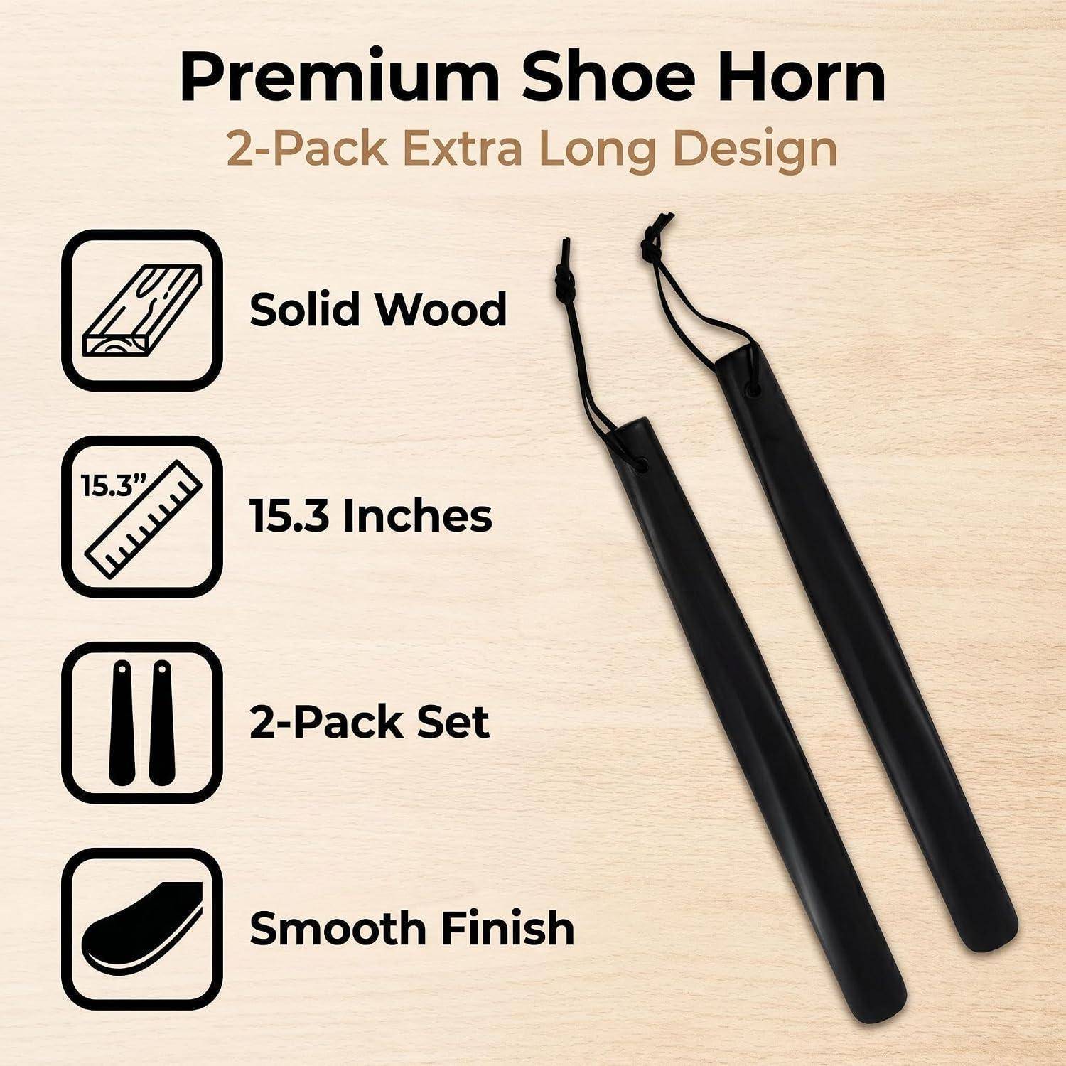 Produktbild von zwei extra-langen schwarzen Schuhlöffeln mit der Bezeichnung „Premium Shoe Horn