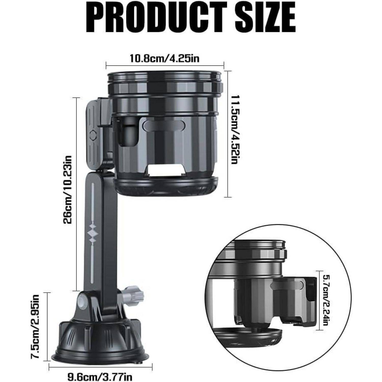Produktgrößendiagramm eines schwarzen verstellbaren Halters mit Gesamtabmessungen von 26 cm Höhe, 10,8 cm Breite, 11,5 cm Tiefe und Basis 9,6 cm Breite; Ausschnitt zeigt ein 5,7 cm Befestigungsdetail.