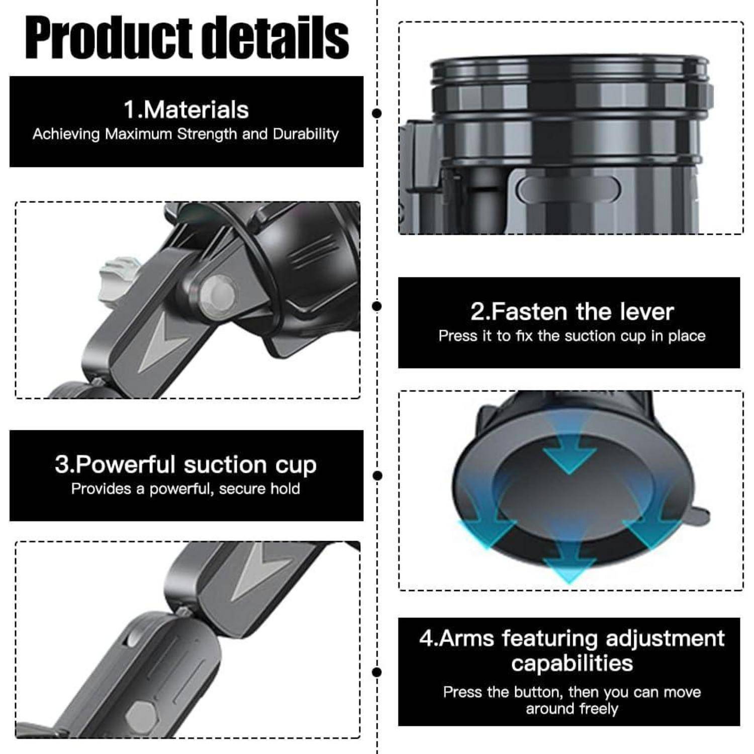 # Infografik zu Produktdetails einer Saugnapfhalterung: Langlebige Materialien, Hebelverschluss zum Ansaugen, starker Saugnapf und verstellbare Arme.