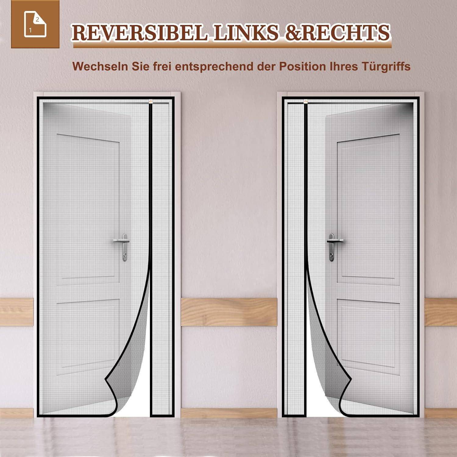 Grafik zeigt reversible links- und rechtsseitig angeschlagene Türen mit deutschem Text „REVERSIBEL LINKS & RECHTS