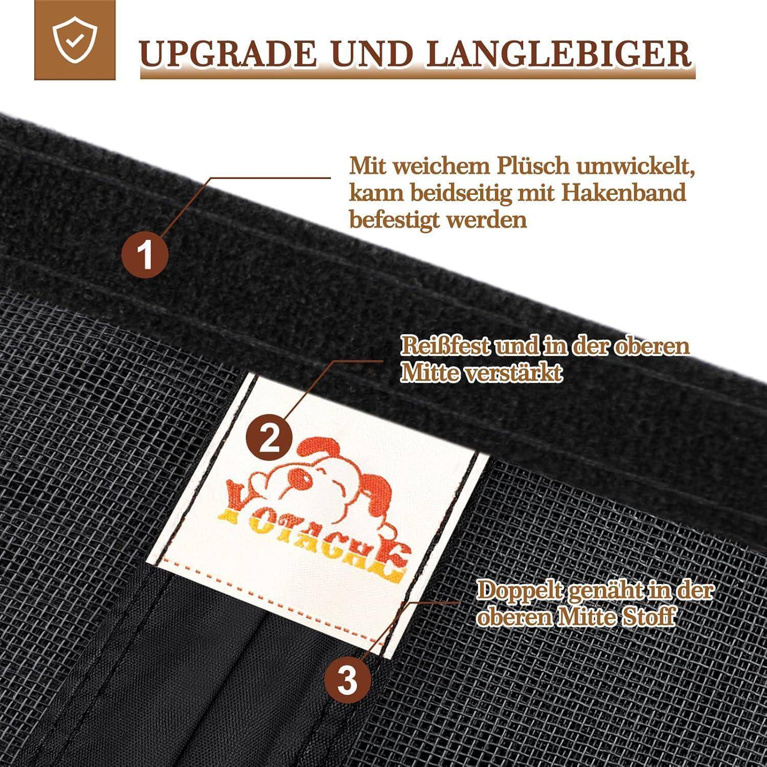 Deutsches Produkt-Infografik mit einer schwarzen Haustiermatte mit drei gekennzeichneten Funktionen: Plüsch-Umhüllung mit Klettverschluss, verstärkter reißfester Mittelteil und doppelt vernähte obere Mittelnah.
