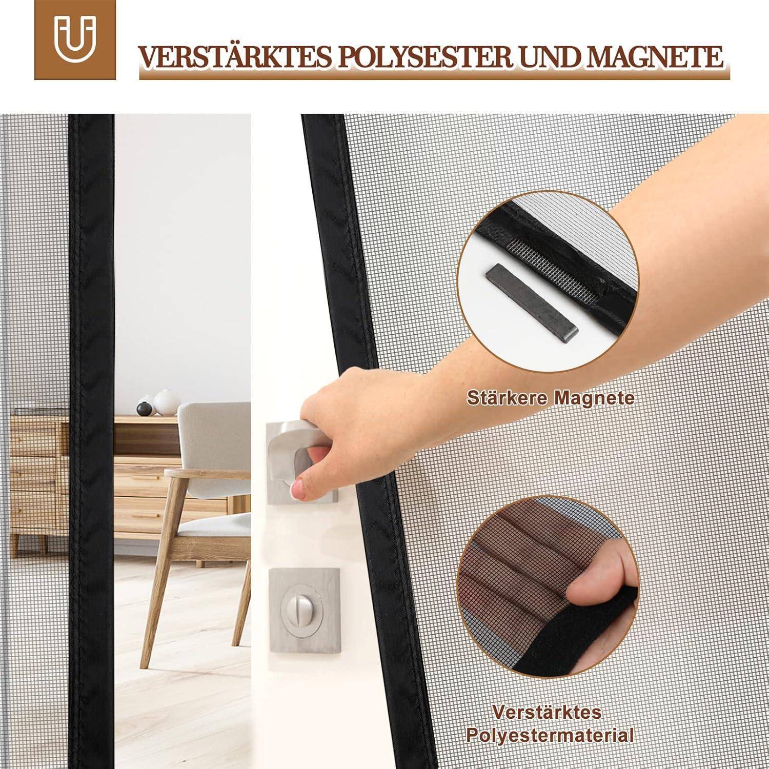 Werbebild einer Fliegengitter-Türe mit „VERSTÄRKTES POLYESTER UND MAGNETE