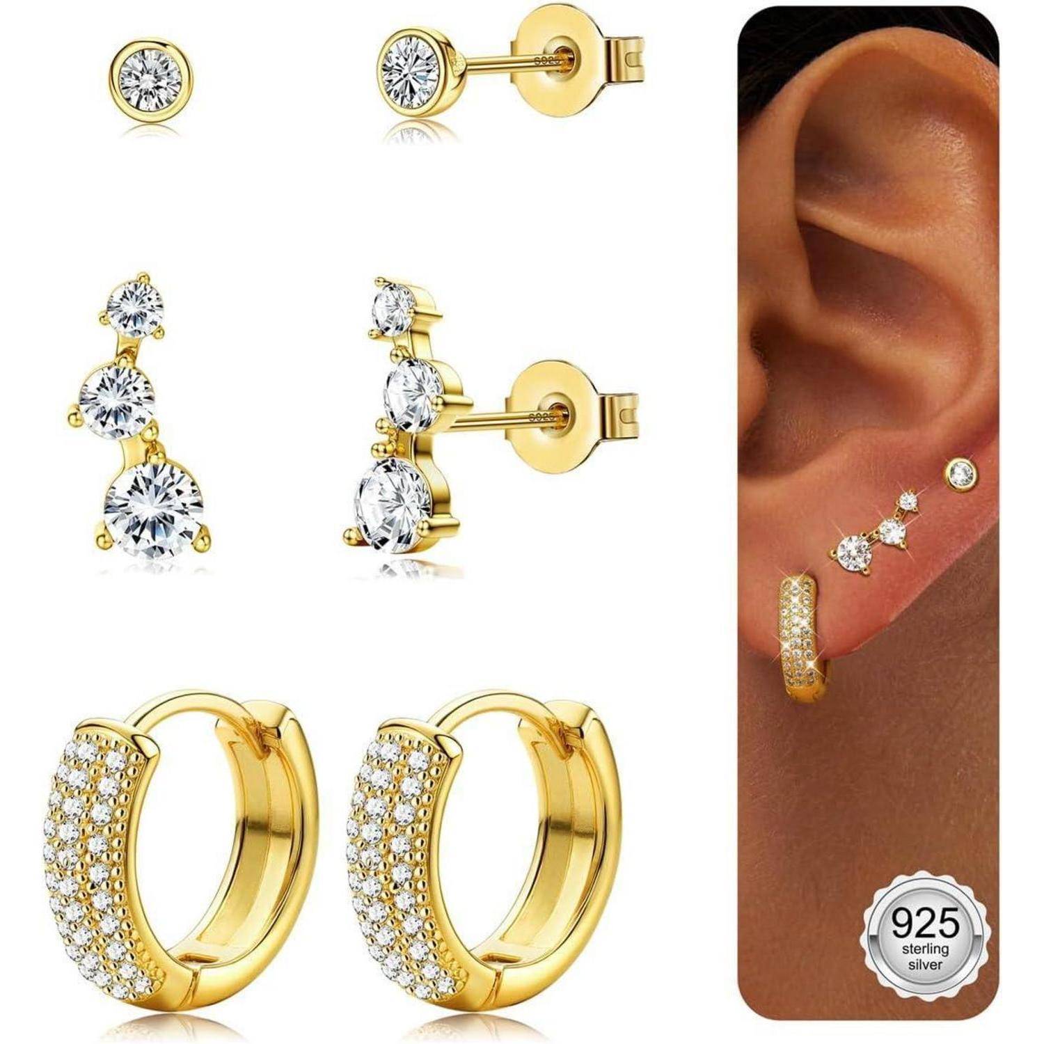 Gold- und diamantähnlicher Ohrschmuck, von mehreren Blickwinkeln gezeigt, einschließlich Ohrstecker, eines baumelnden Ohrrings, Creolen und ein Ohr mit einer mehrschichtigen Knorpel- und Läppchenanordnung.